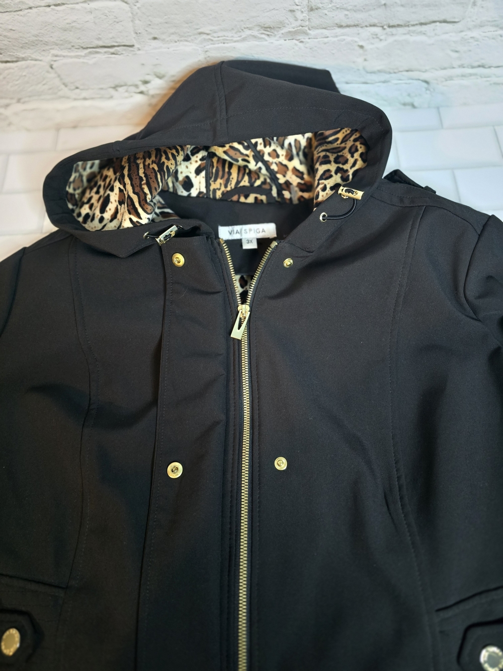 Via Spiga Black Hooded Utility Jacket with Leopard-Print Lining Sz 3X
